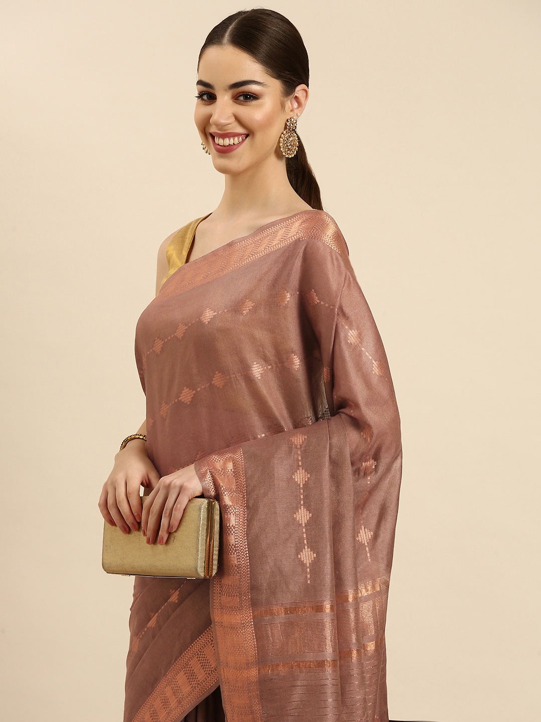 

swatika Woven Design Zari Silk Blend Muga Saree, Brown