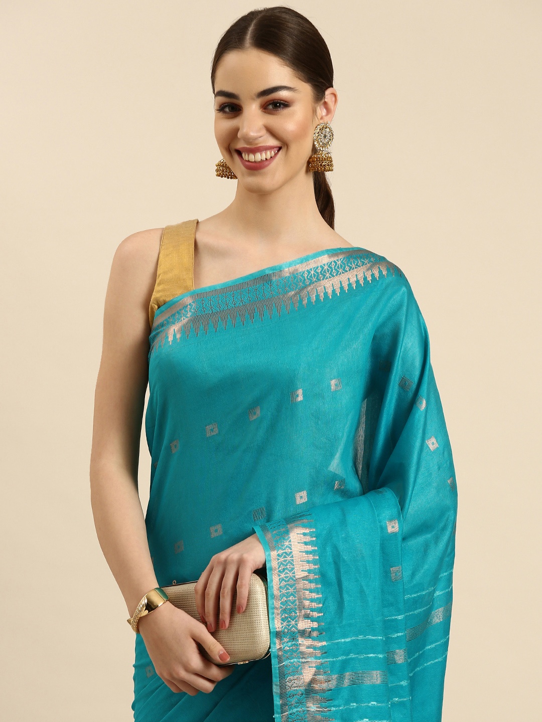 

swatika Ethnic Motifs Zari Silk Blend Muga Saree, Turquoise blue