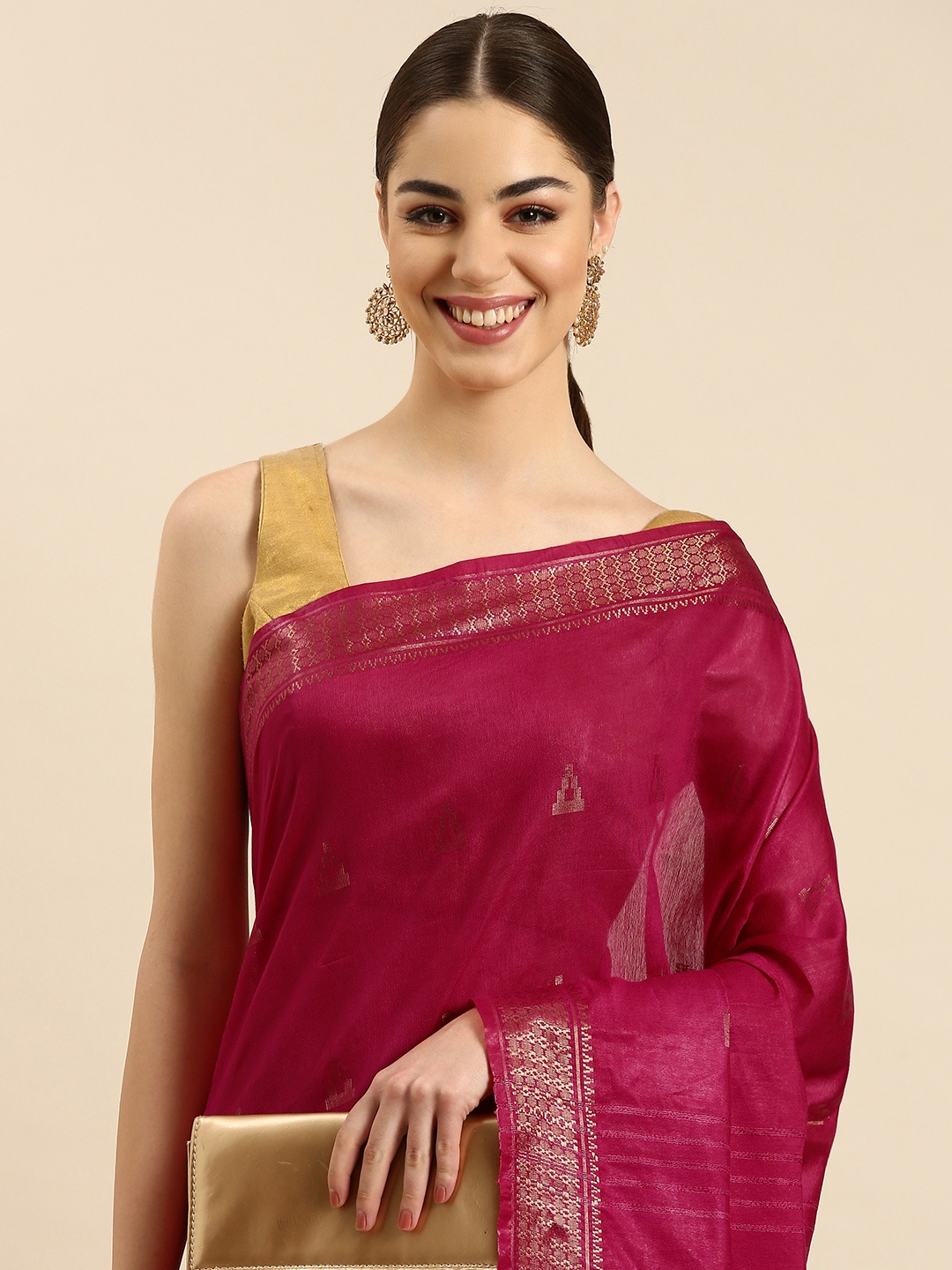 

swatika Ethnic Motifs Zari Silk Blend Muga Saree, Pink