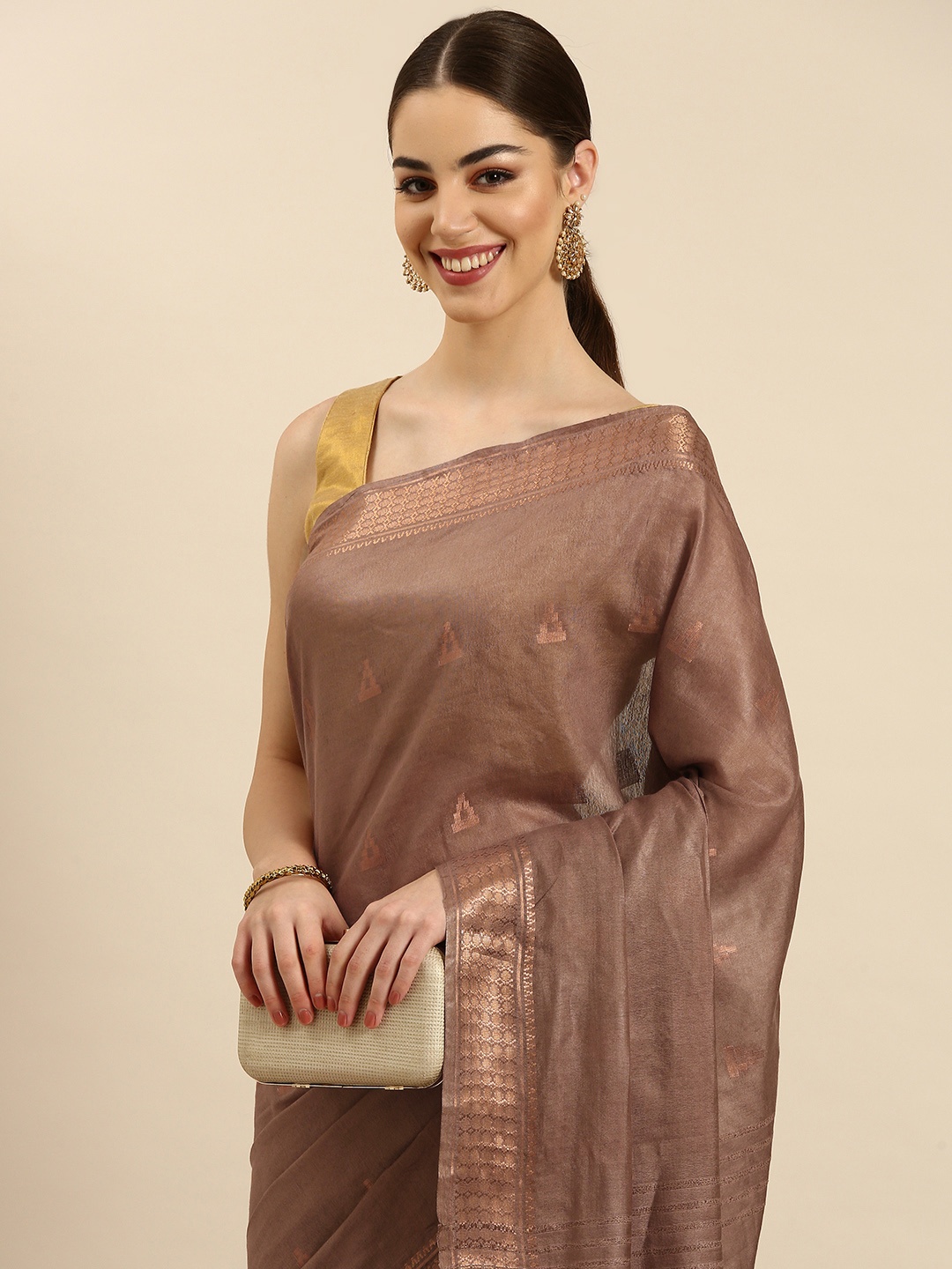 

swatika Woven Design Zari Silk Blend Muga Saree, Brown