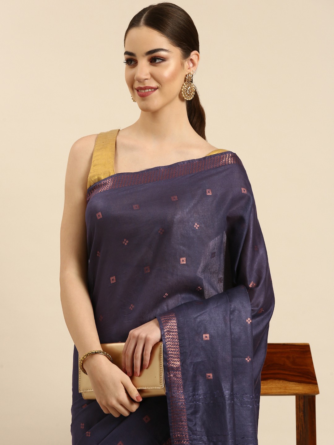

swatika Woven Design Zari Silk Blend Muga Saree, Grey