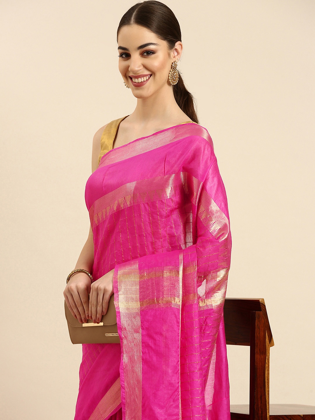 

swatika Woven Design Zari Silk Blend Muga Saree, Pink