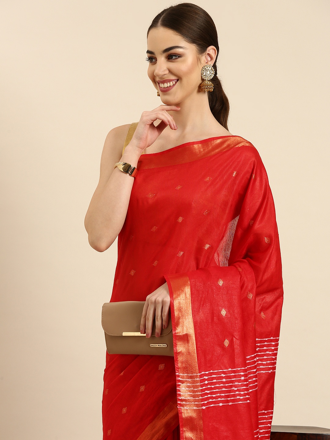 

swatika Ethnic Motifs Zari Silk Blend Muga Saree, Red