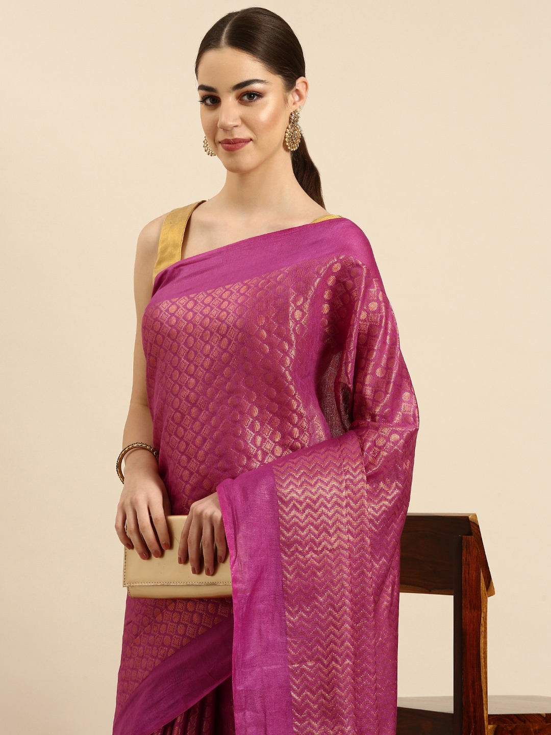 

swatika Woven Design Zari Silk Blend Muga Saree, Purple