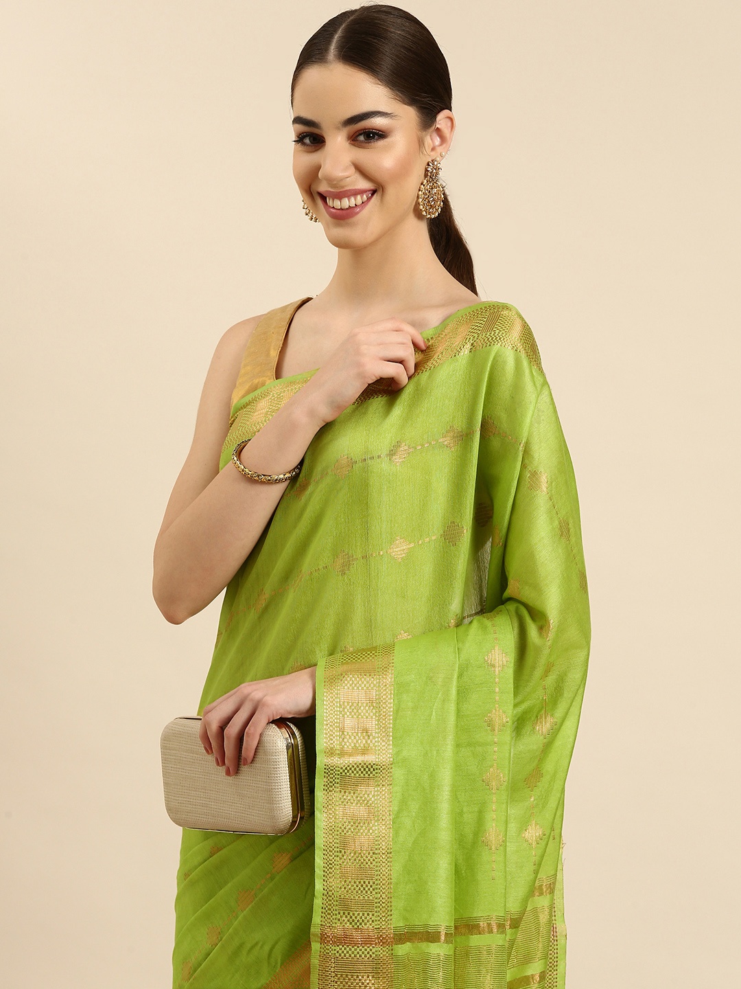 

swatika Ethnic Motifs Zari Silk Blend Muga Saree, Green