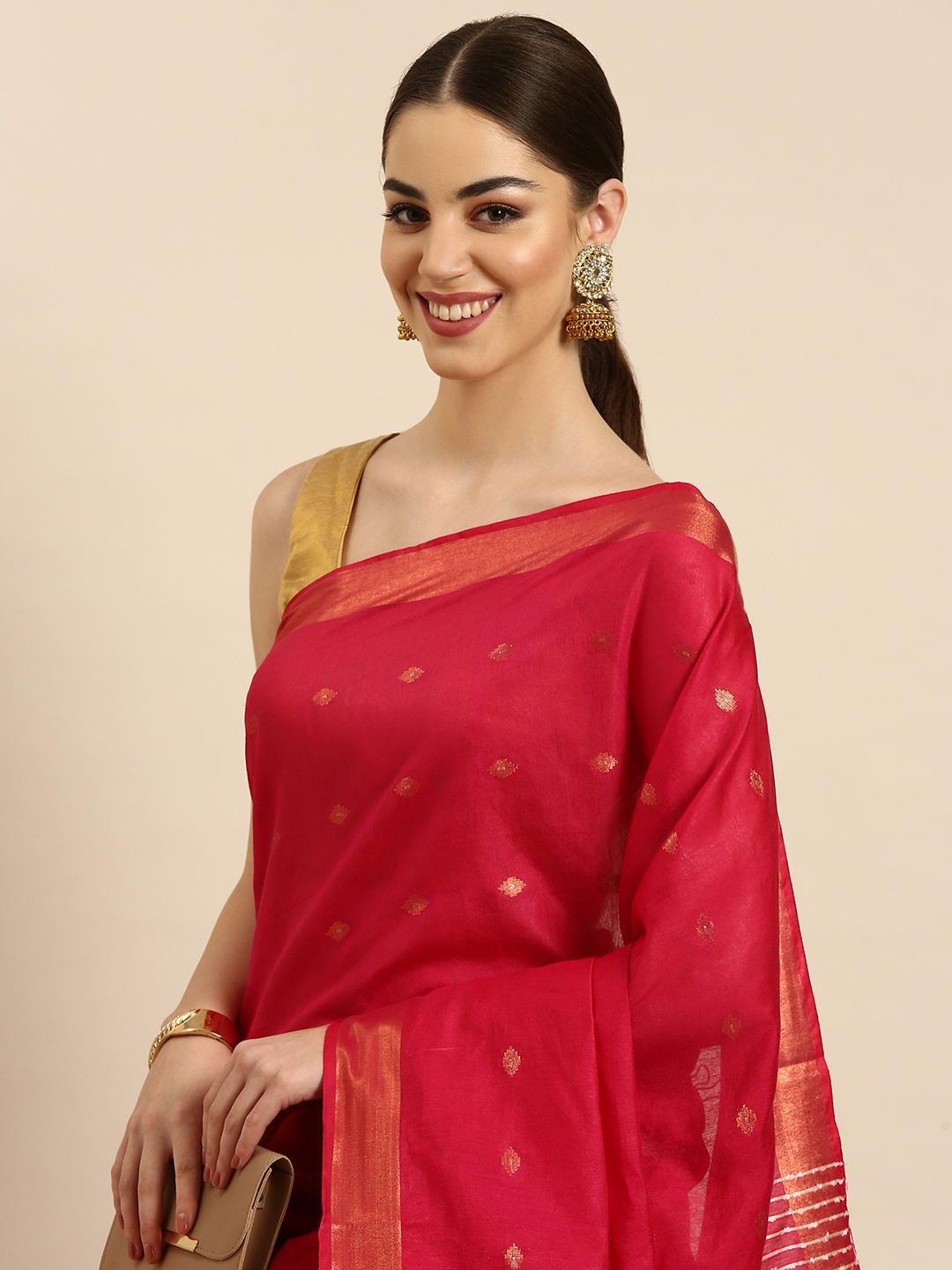 

swatika Ethnic Motifs Zari Silk Blend Muga Saree, Red