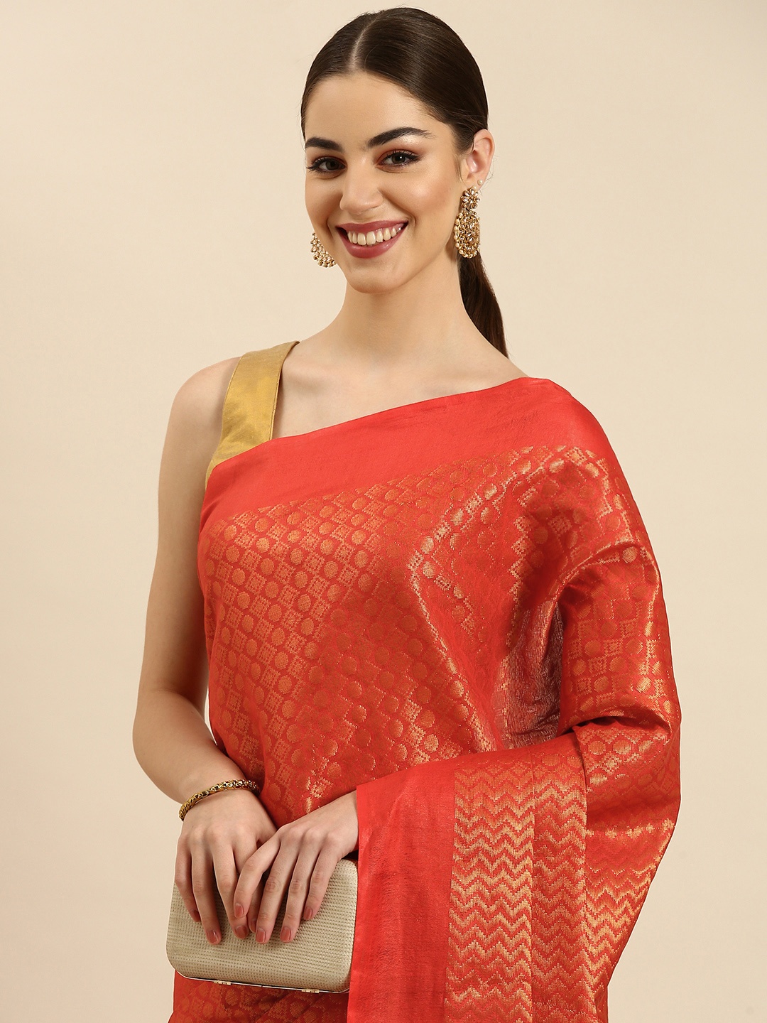 

swatika Woven Design Zari Silk Blend Muga Saree, Red