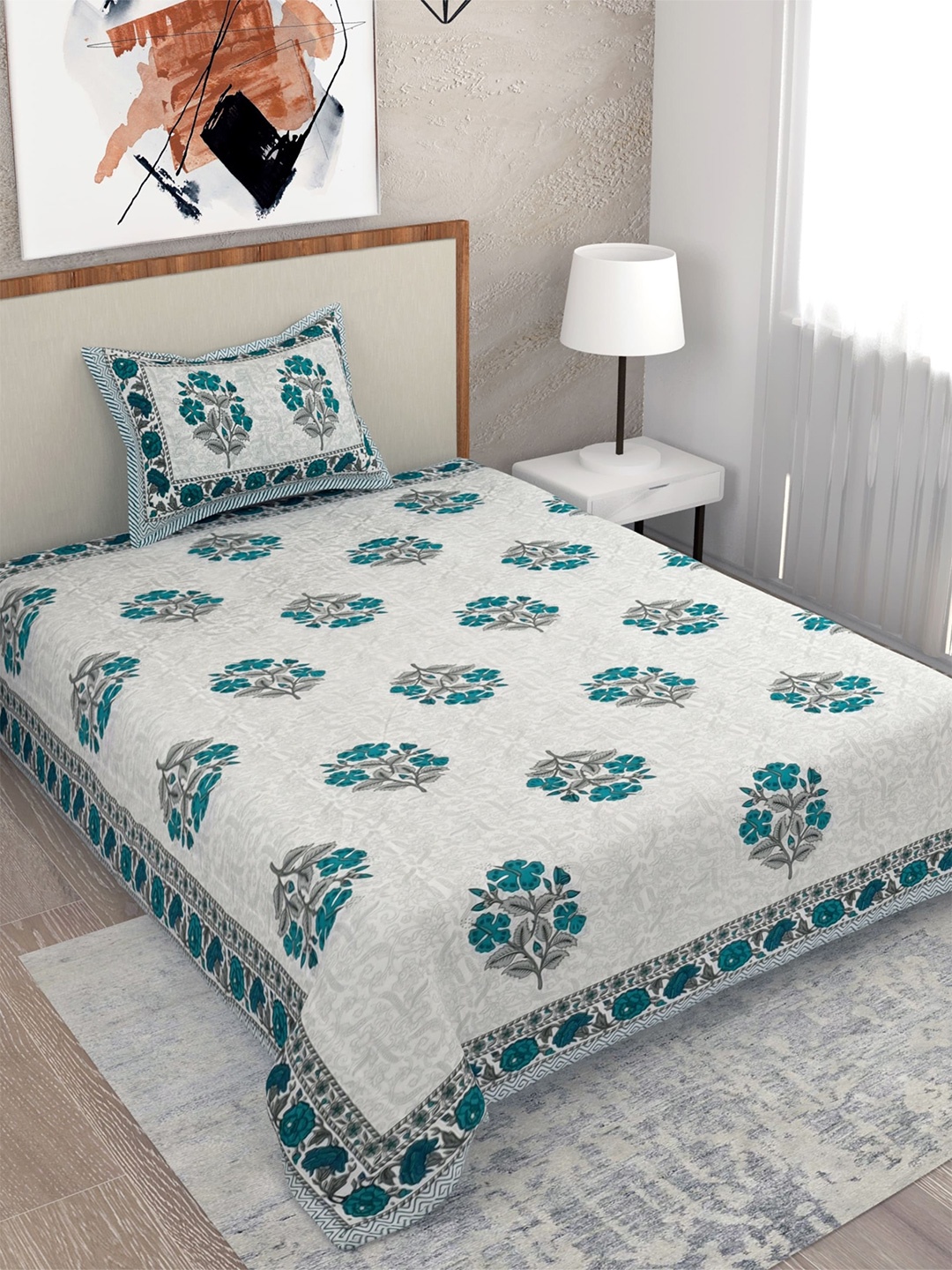 

Salona Bichona Grey & Green Pure Cotton 120 TC Single Bedsheet with 1 Pillow Cover