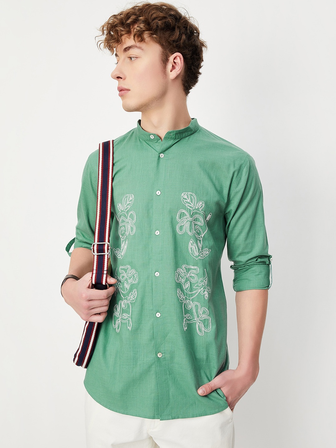 max Floral Embroidered Band Collar Pure Cotton Kurta, Green