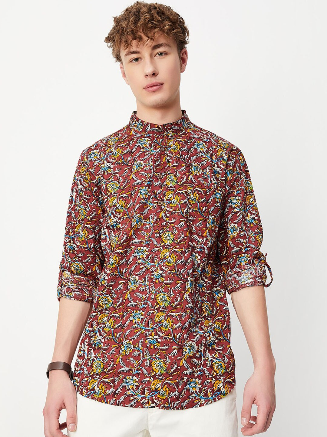 

max Ethnic Motifs Printed Band Collar Pure Cotton Kurta, Maroon