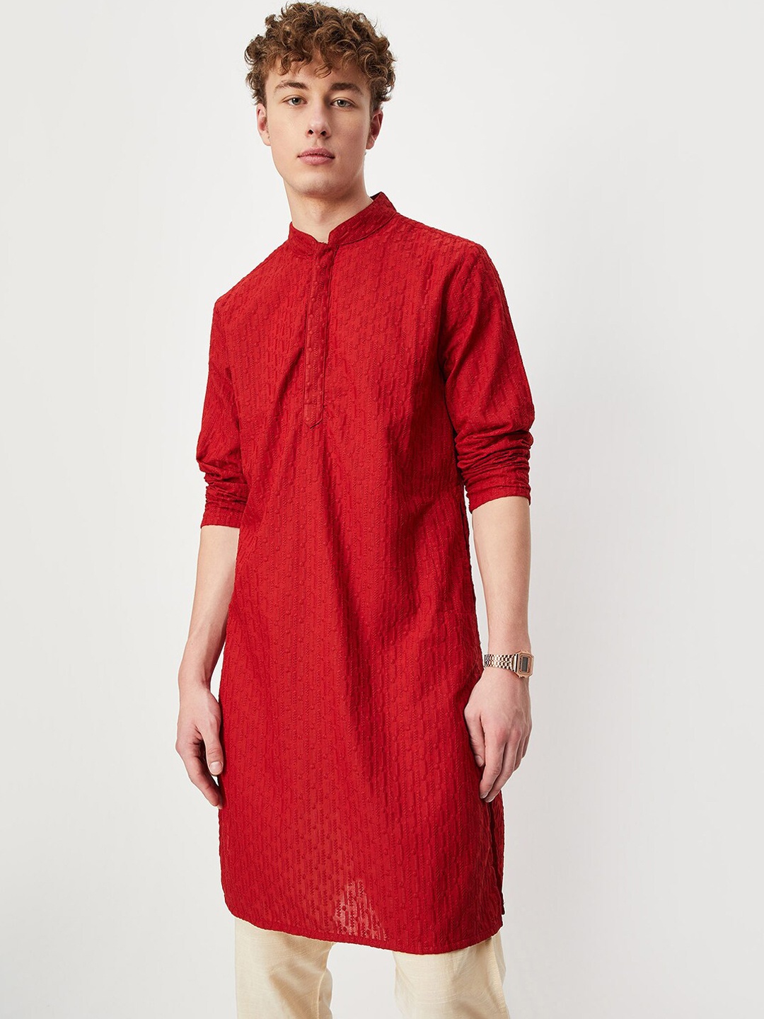 

max Ethnic Motifs Embroidered Mandarin Collar Regular Kurta, Red