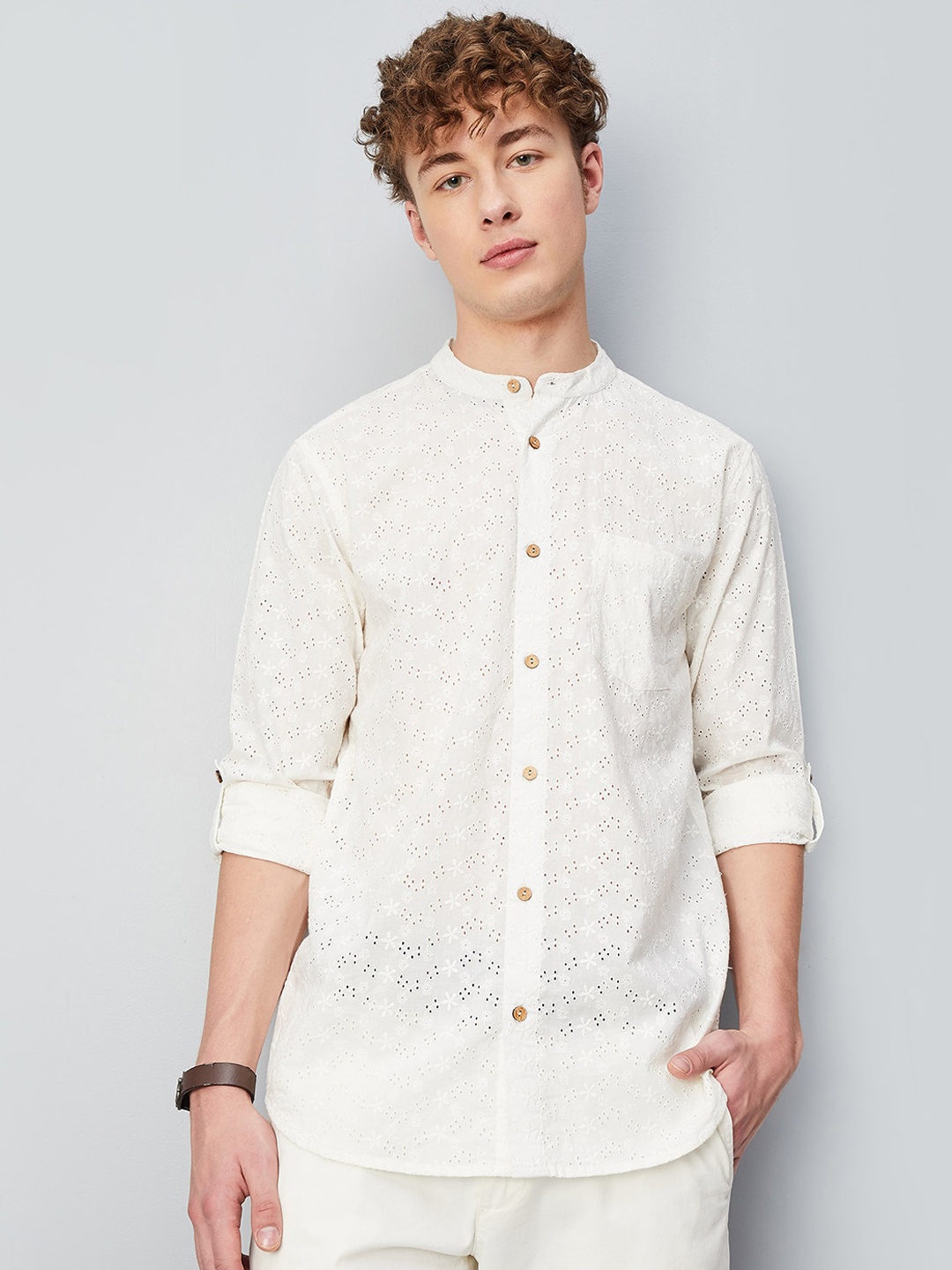 

max Floral Embroidered Band Collar Pure Cotton Kurta, White