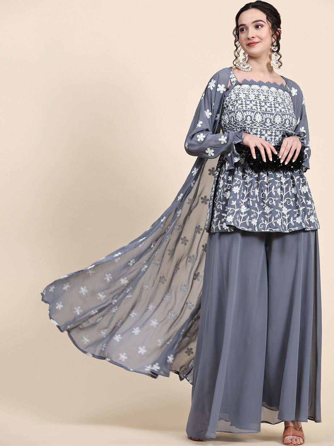 

BLACK SCISSOR Ethnic Motifs Embroidered Chikankari Kurta With Palazzos & Koti, Grey