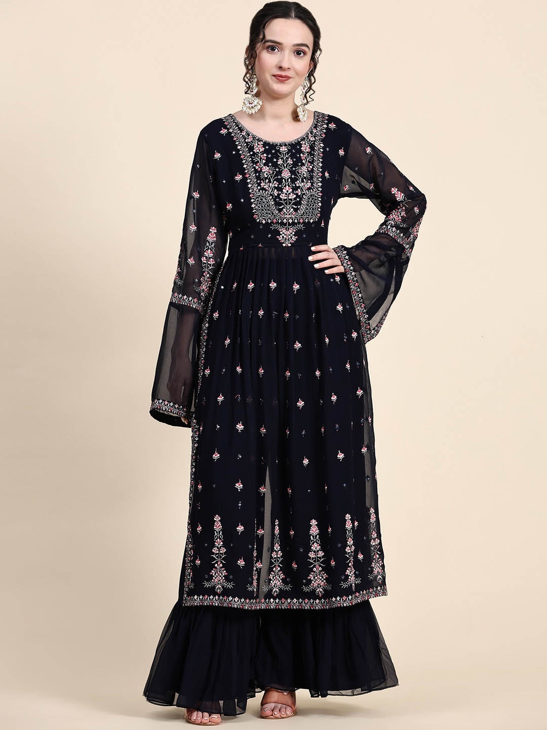 

BLACK SCISSOR Floral Embroidered Pleated Sequinned Kurta With Sharara & Dupatta, Navy blue