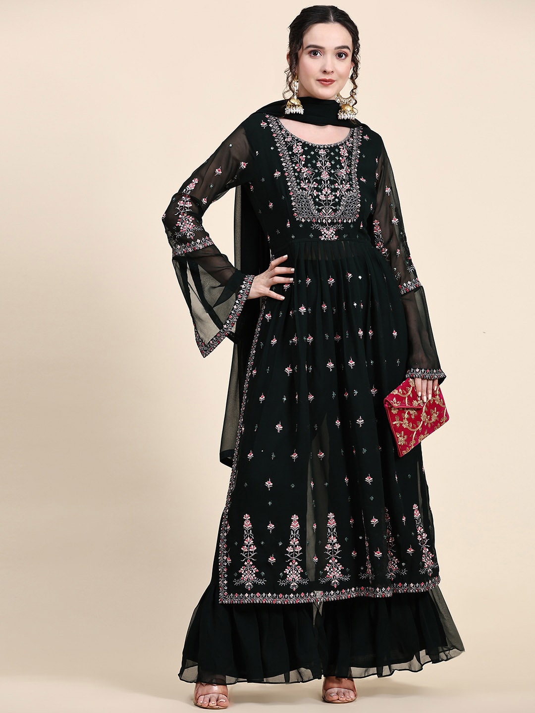

BLACK SCISSOR Floral Embroidered Pleated Sequinned Kurta With Sharara & Dupatta, Green