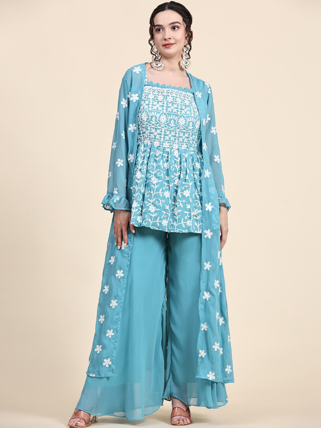 BLACK SCISSOR Ethnic Motifs Embroidered Chikankari Kurta With Palazzos & Koti, Blue