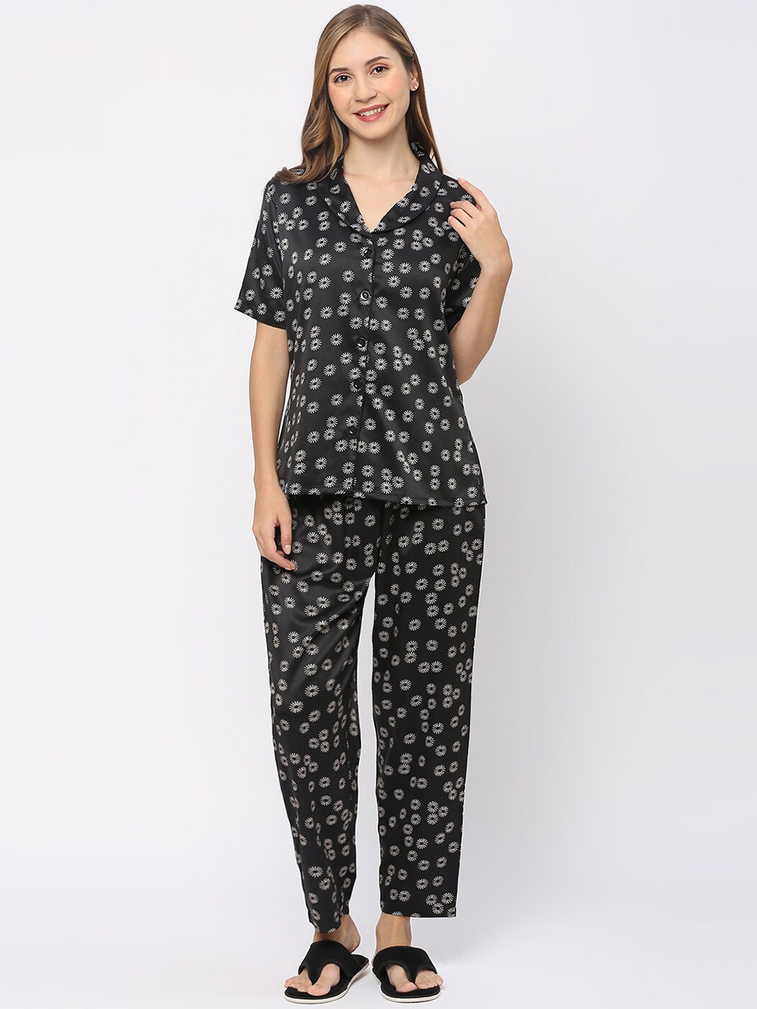 Smarty Pants Printed Satin Night suit, Black