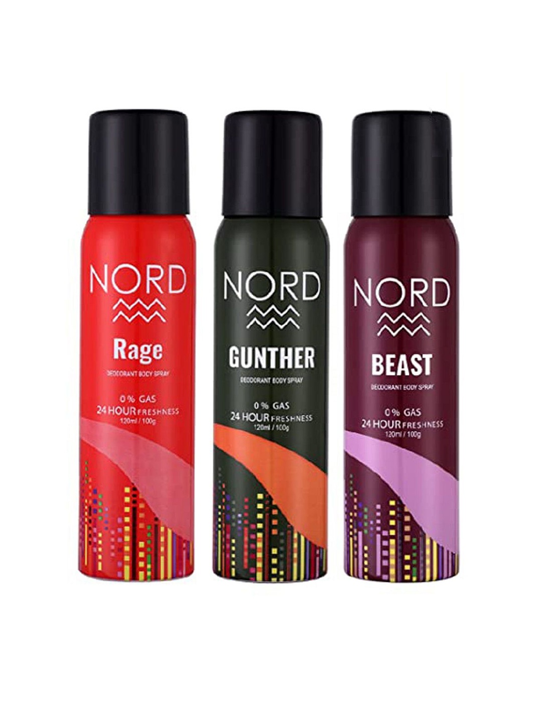 

NORD Men Set of 3 No Gas Perfume Body Spray - Rage, Gunther, Beast - 120 ml (100 g) Each, Red