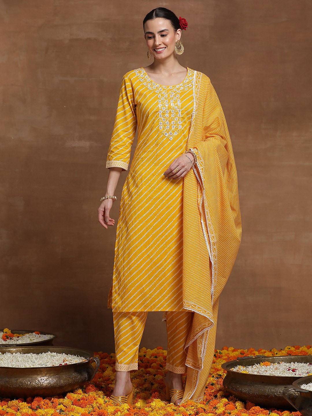 

Indo Era Yellow Bandhani Printed Pure Cotton Straight Kurta & Trousers With Dupatta