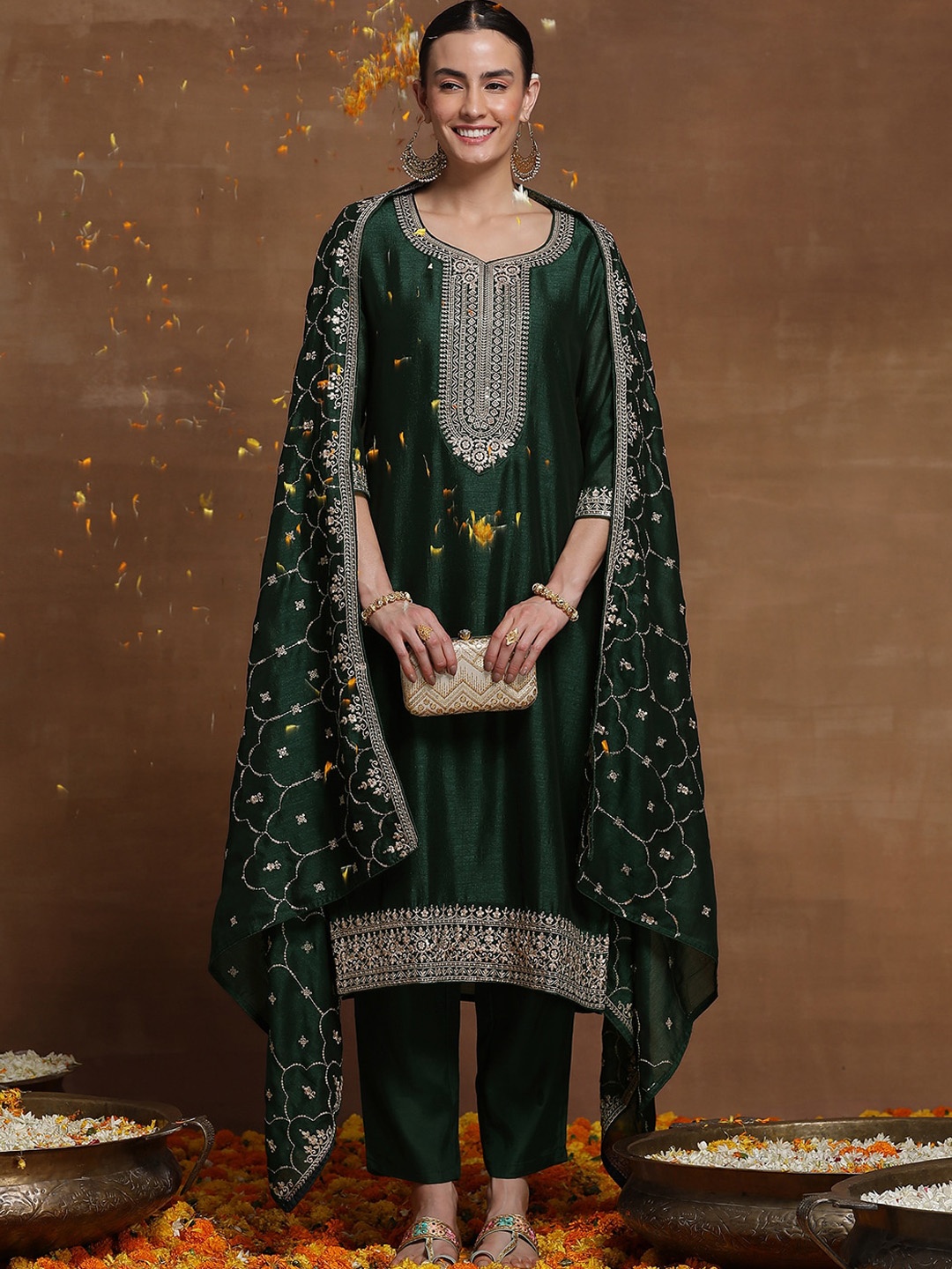 

Indo Era Green Ethnic Motif Embroidered Straight Kurta & Trousers With Dupatta