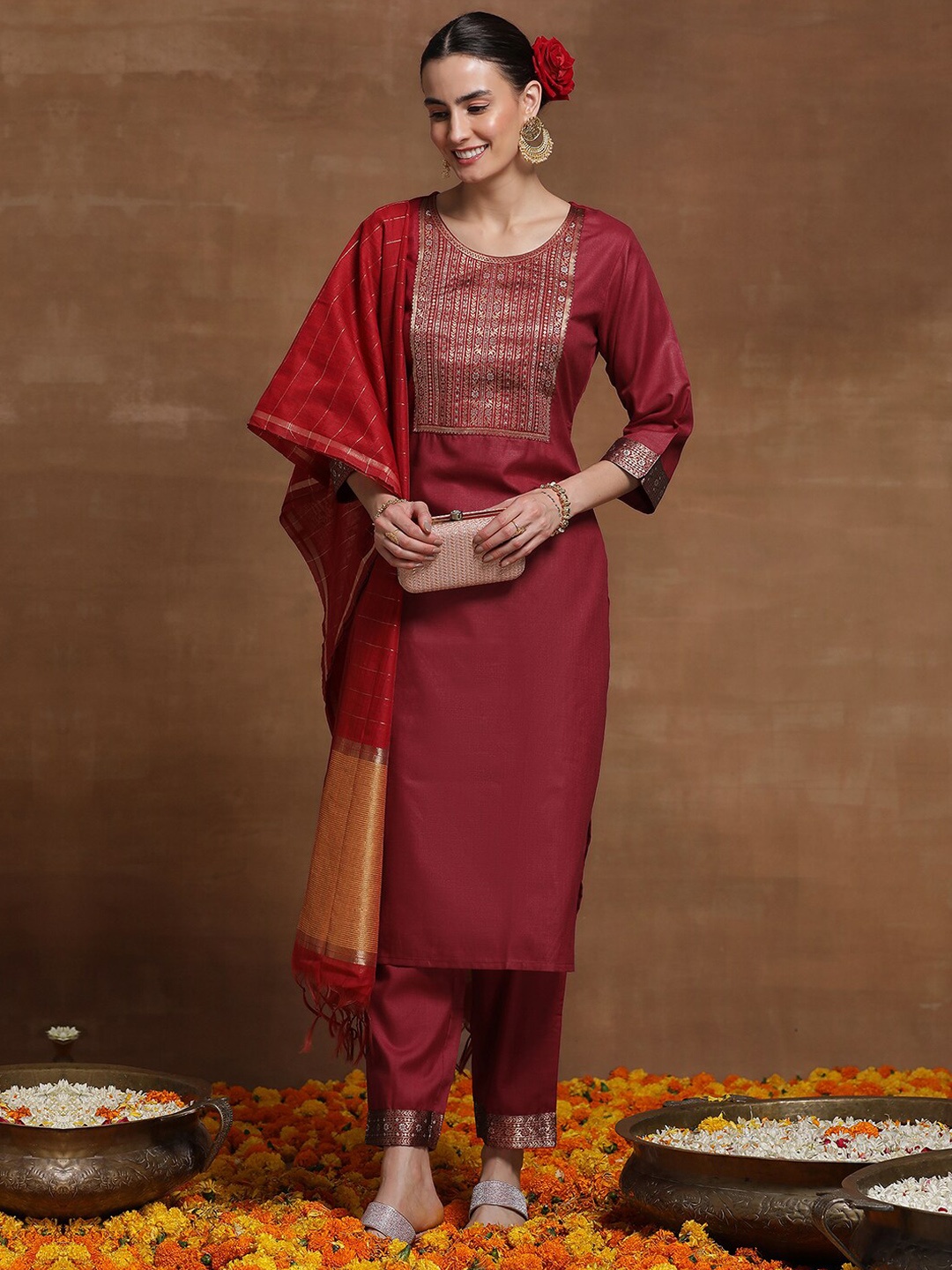 

Indo Era Maroon Floral Woven Design Zari Regular Straight Kurta & Palazzos With Dupatta