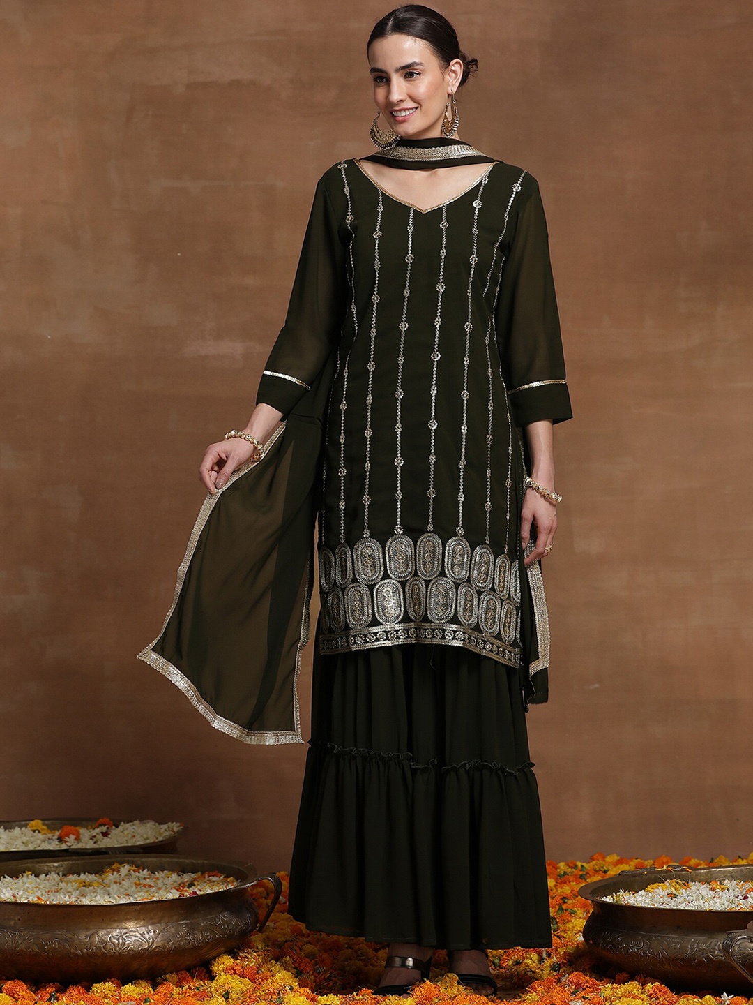 

Indo Era Green Ethnic Motif Embroidered Straight Kurta & Sharara With Dupatta