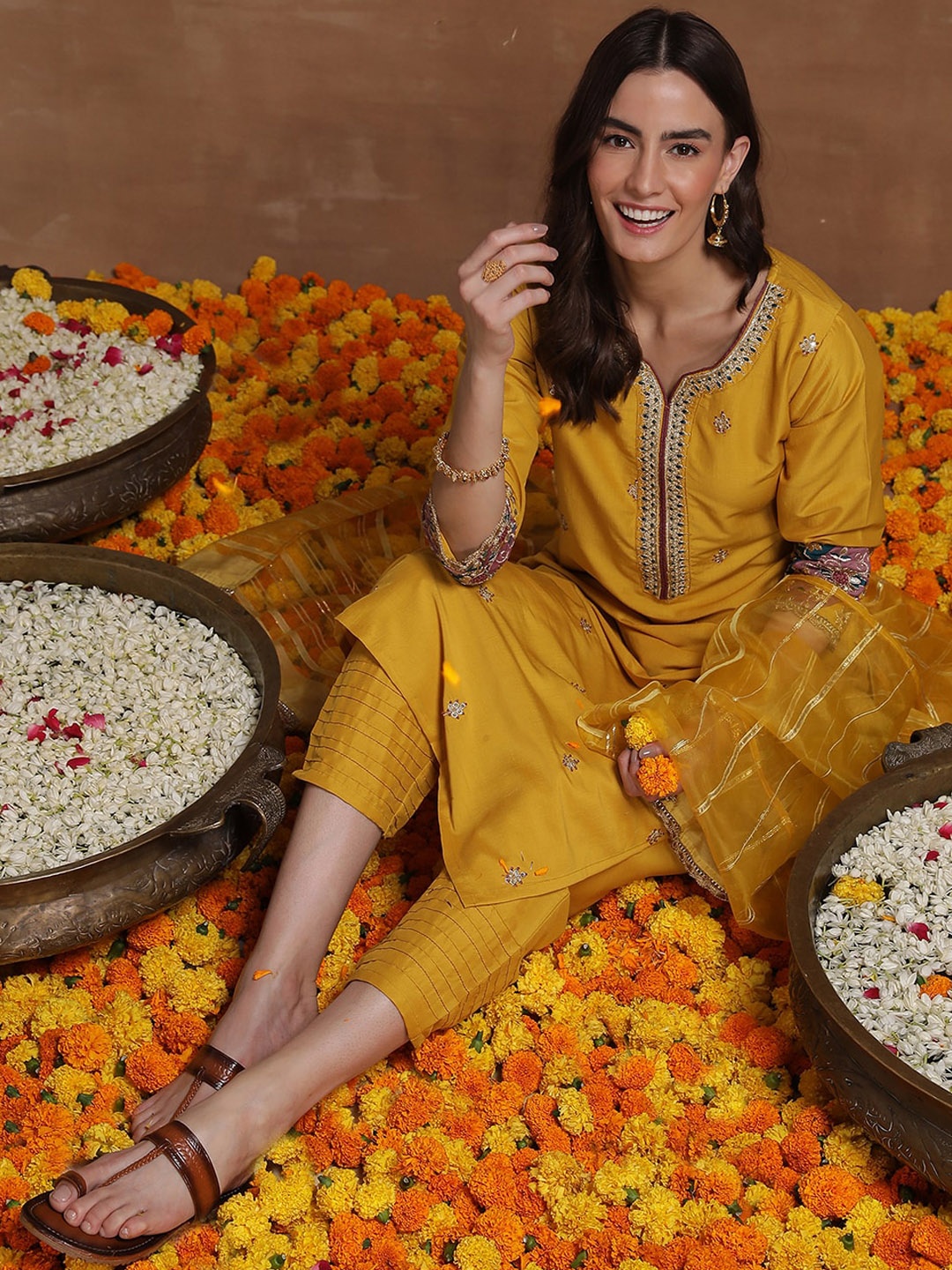 

Indo Era Yellow Floral Embroidered Sequinned Straight Kurta & Trousers With Dupatta