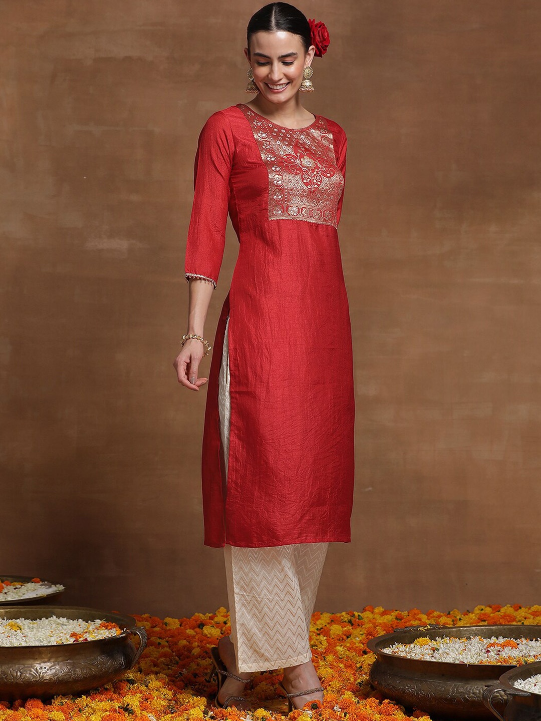 

Indo Era Ethnic Motifs Embroidered A-line Kurta, Red