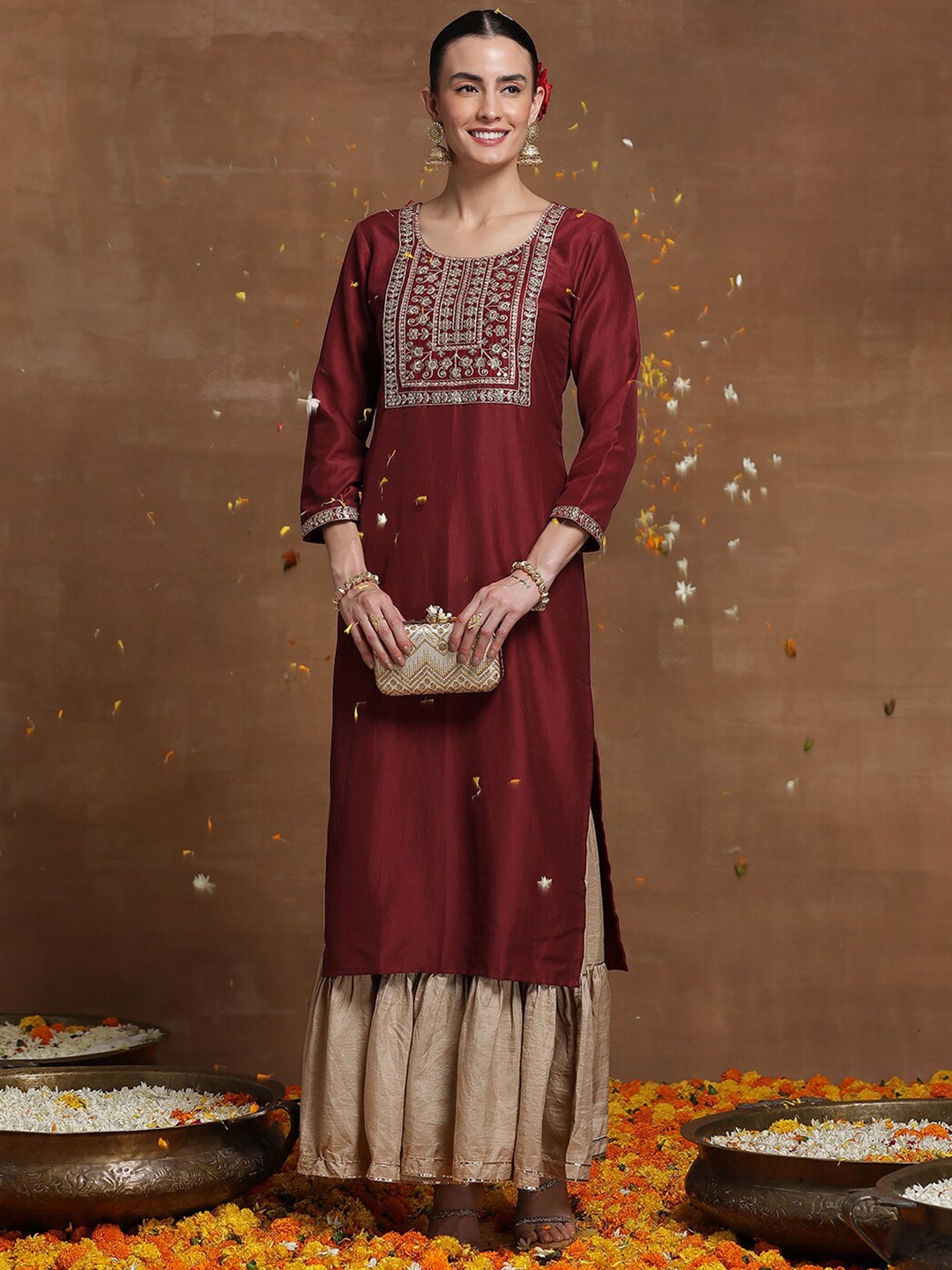

Indo Era Ethnic Motifs Embroidered A-line Kurta, Maroon
