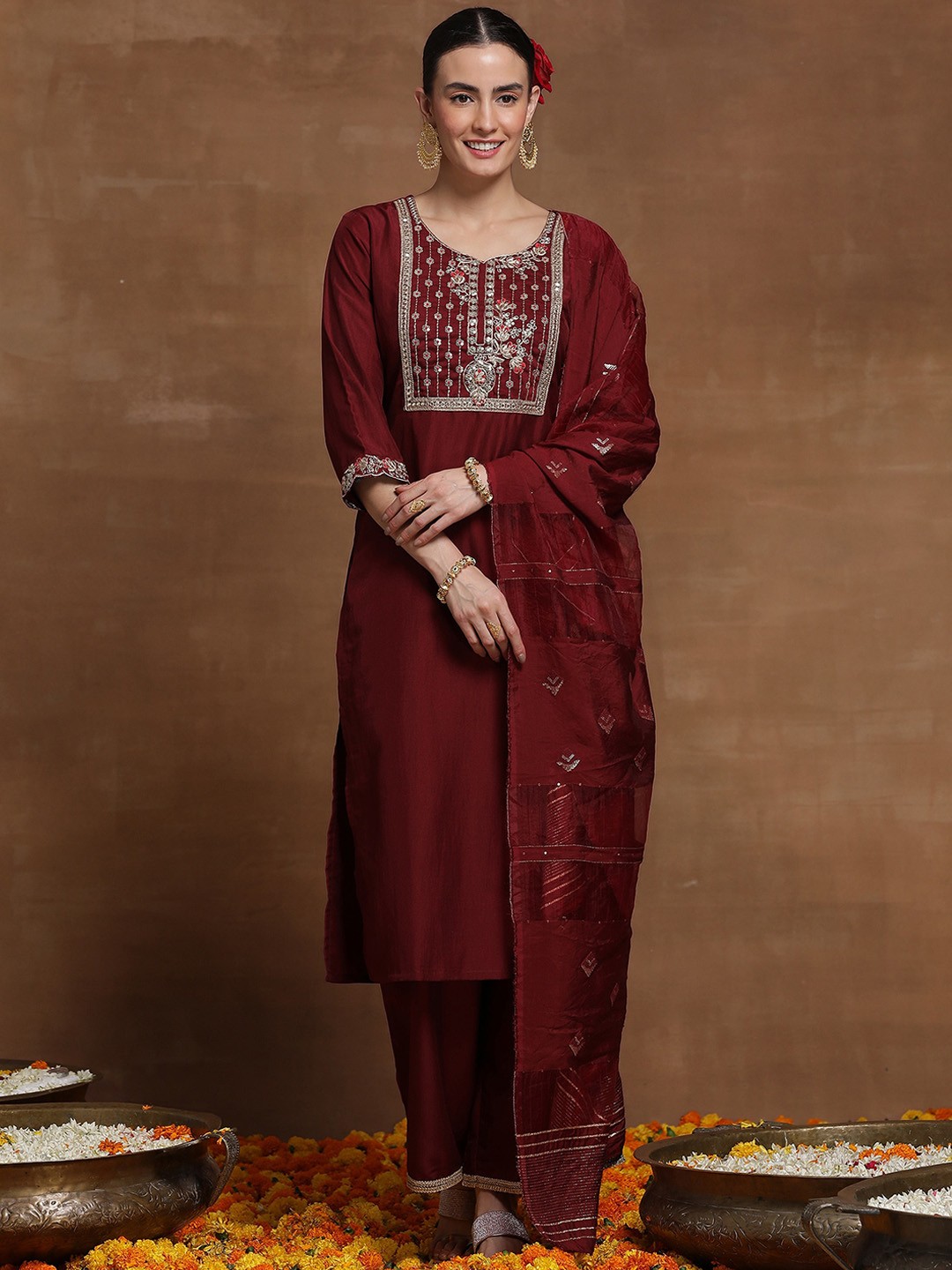 

Indo Era Maroon Ethnic Motif Embroidered Straight Kurta & Trousers With Dupatta