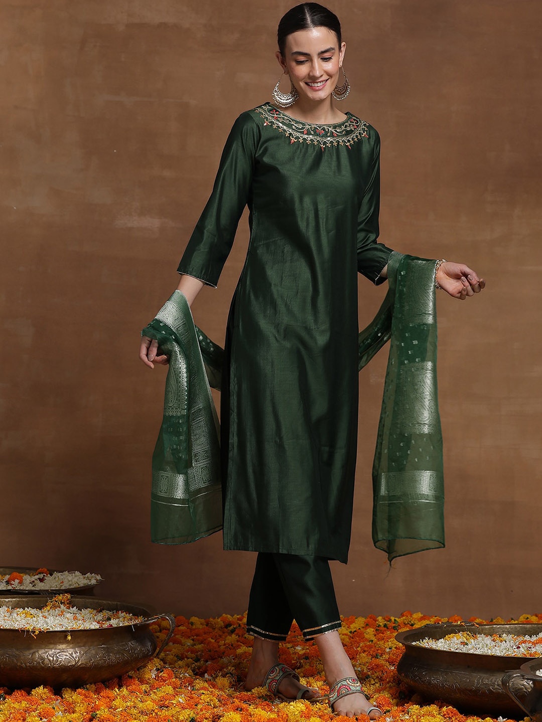 

Indo Era Green Ethnic Motif Embroidered Straight Kurta & Trousers With Dupatta
