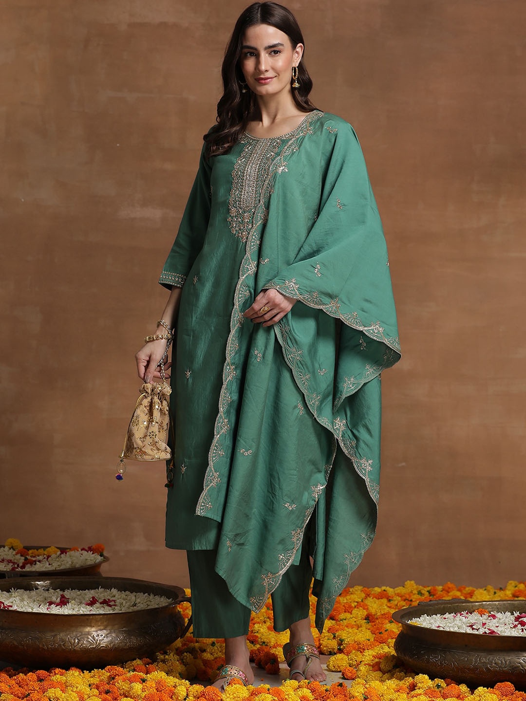 

Indo Era Green Ethnic Motif Embroidered Straight Kurta & Trousers With Dupatta