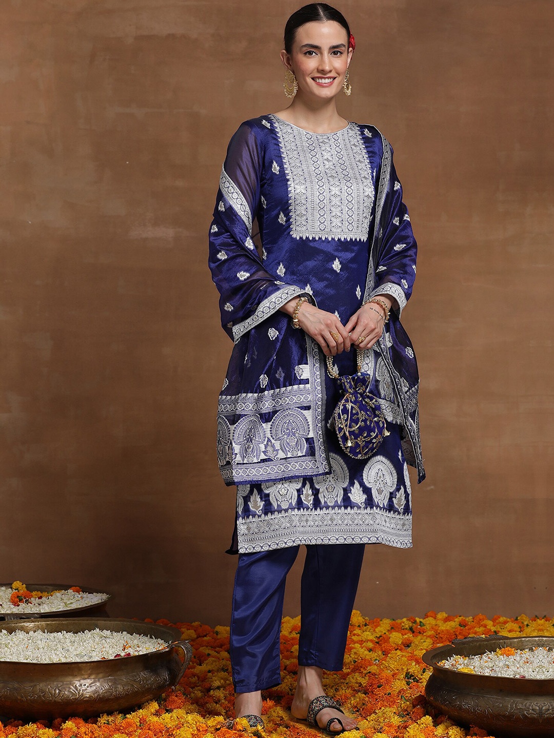 

Indo Era Blue Ethnic Motif Embroidered Straight Kurta & Trousers With Dupatta