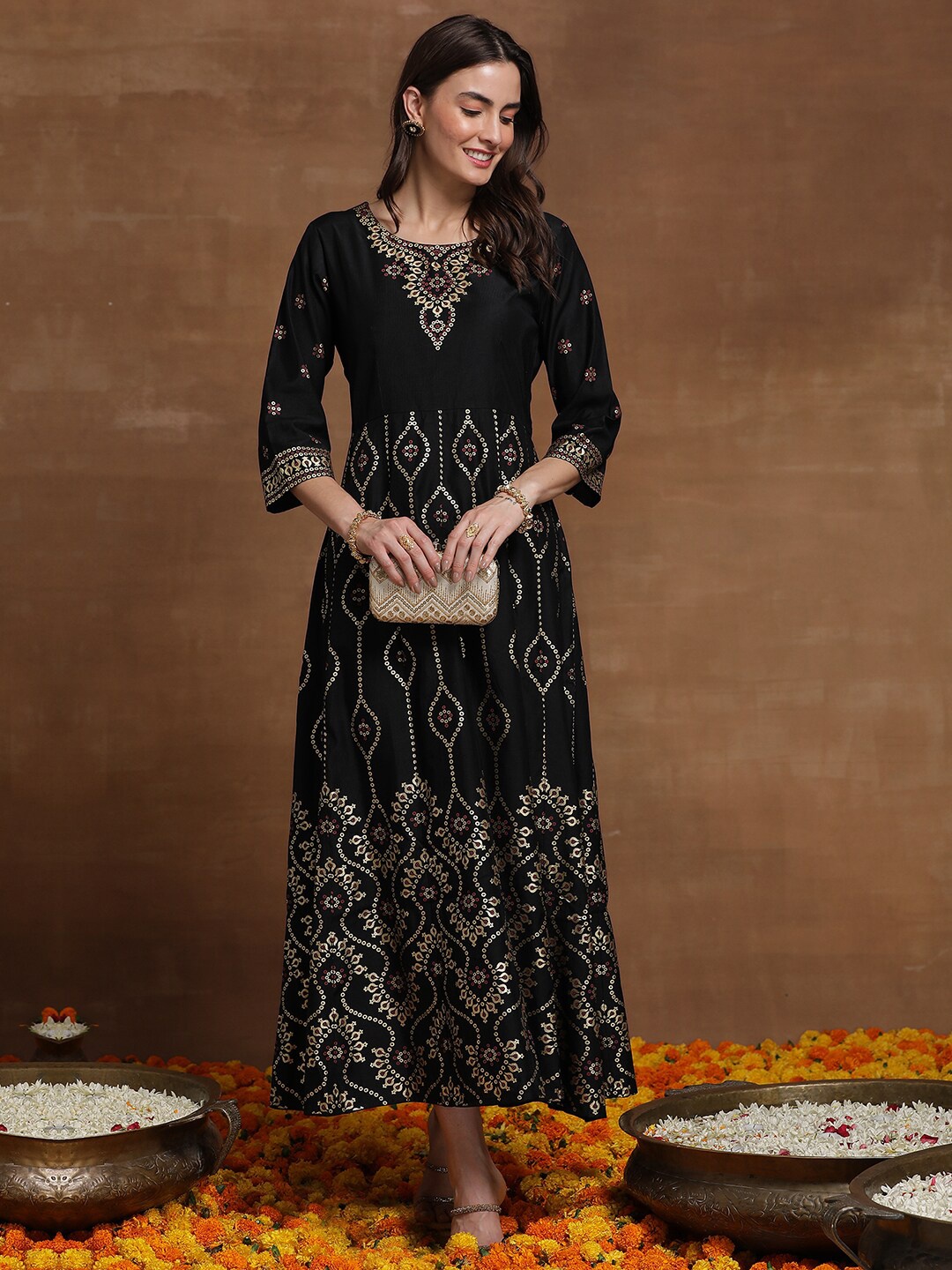 

Indo Era Ethnic Motifs Printed Fit & Flare Ethnic Dress, Black