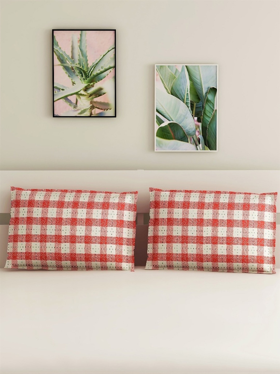 

Salona Bichona White & Red 2 Pieces Checked 144 TC Pillow Covers