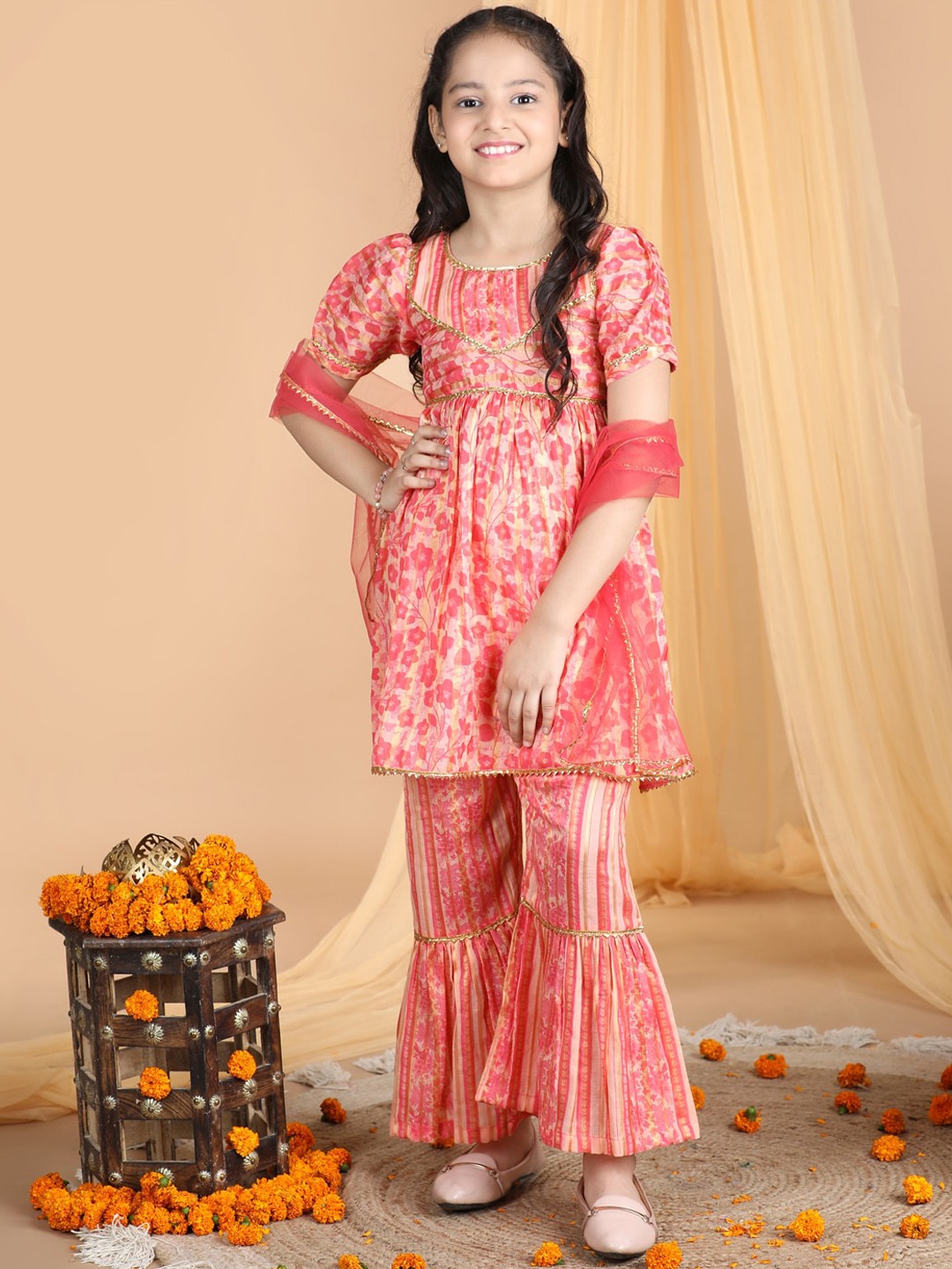 

Cutiekins Girls Floral Printed Gotta Patti A-Line Kurta With Sharara & Dupatta, Peach