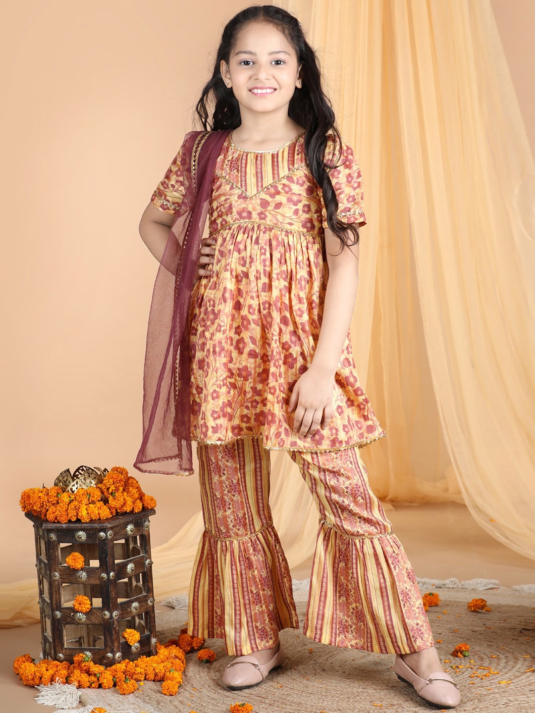 

Cutiekins Girls Floral Printed Gotta Patti A-Line Kurta With Sharara & Dupatta, Mustard