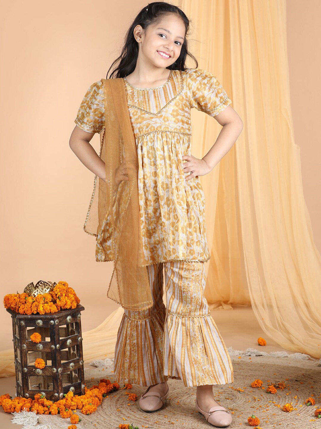 

Cutiekins Girls Floral Printed Empire Gotta Patti A-Line Kurta With Sharara & Dupatta, Grey