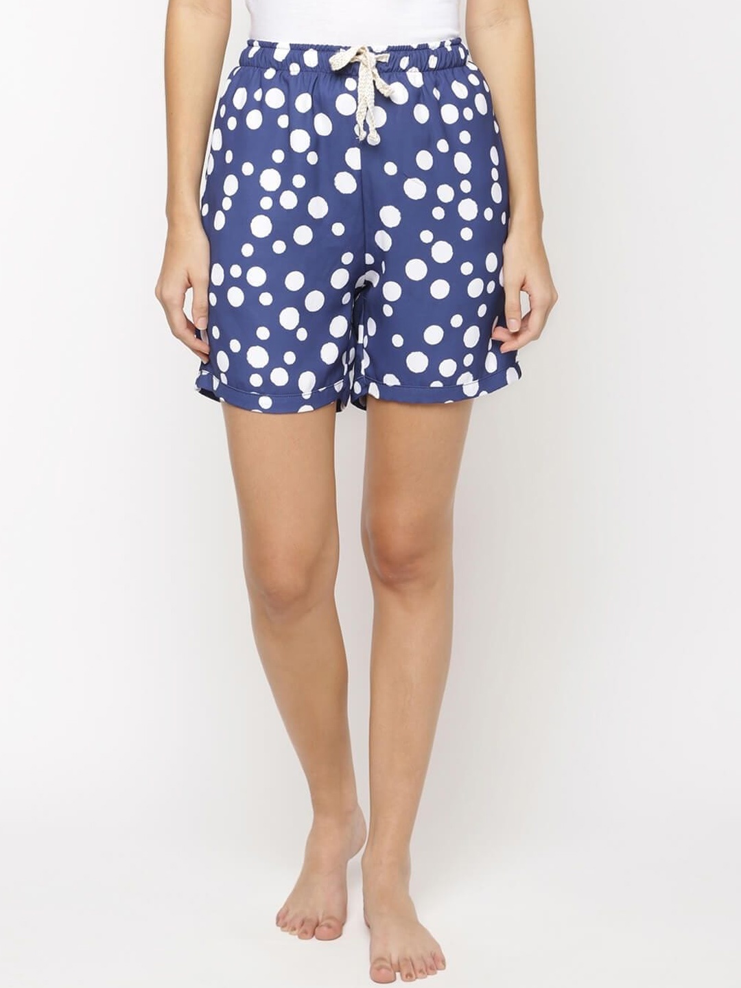 

Bareblow Women Polka dots Printed Mid-Rise Cotton Shorts, Blue