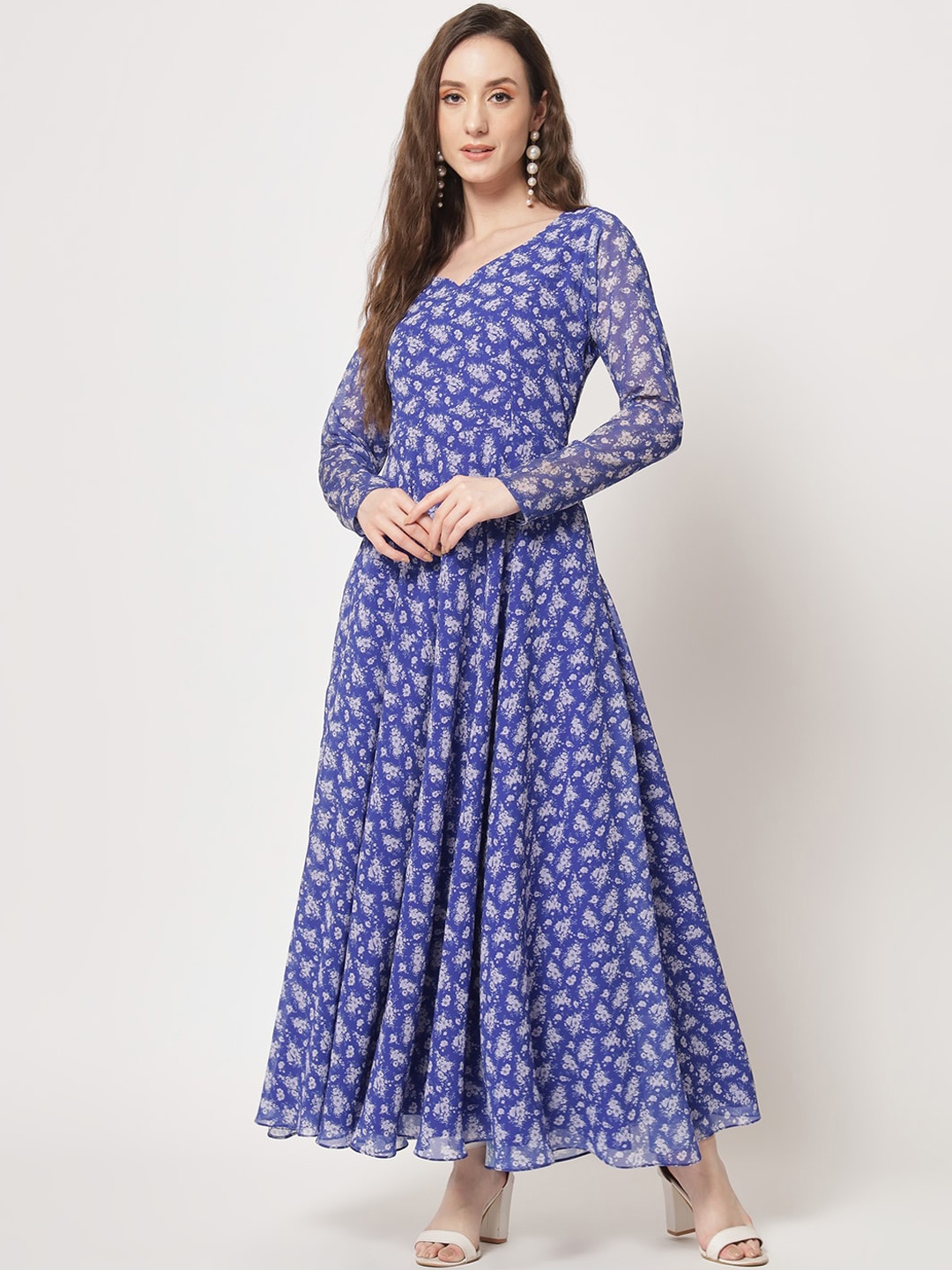 

BLACK SCISSOR Floral Printed Sweetheart Neck Ethnic Dresses, Blue