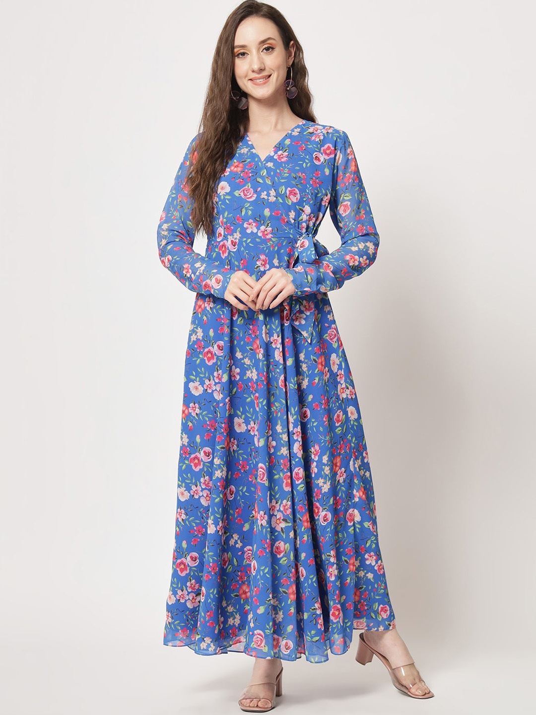 

BLACK SCISSOR Floral Printed Tie-Up Detailed Maxi Georgette Fit & Flare Dress, Blue