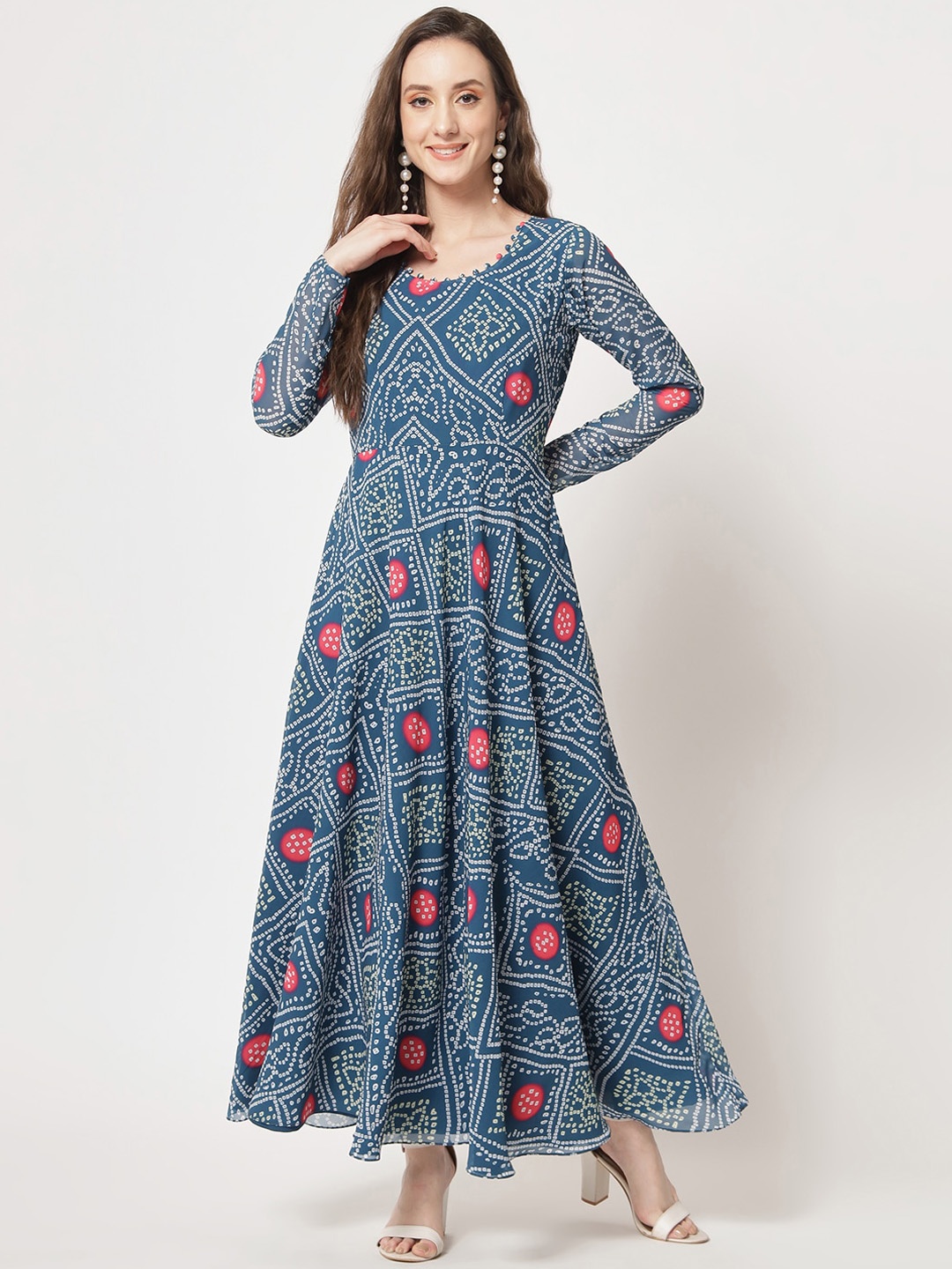 

BLACK SCISSOR Bandhani Printed Maxi Georgette Fit & Flared Ethnic Dresse, Blue