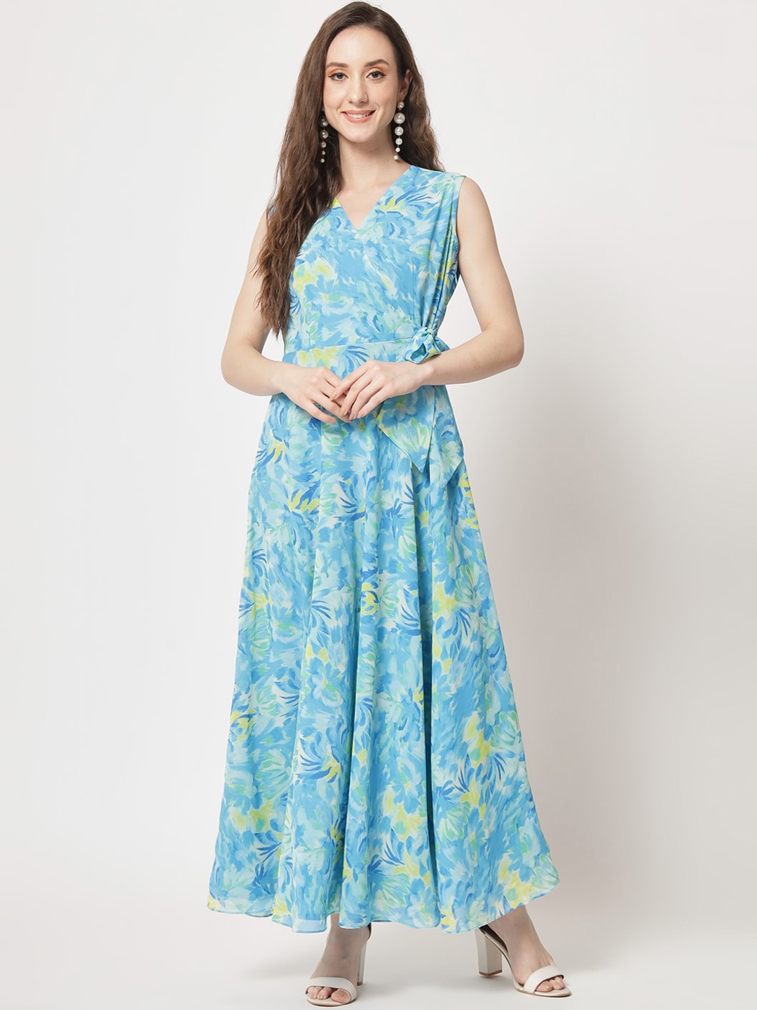 

BLACK SCISSOR Abstract Printed Tie-Up Detailed Maxi Georgette Fit & Flare Dress, Blue