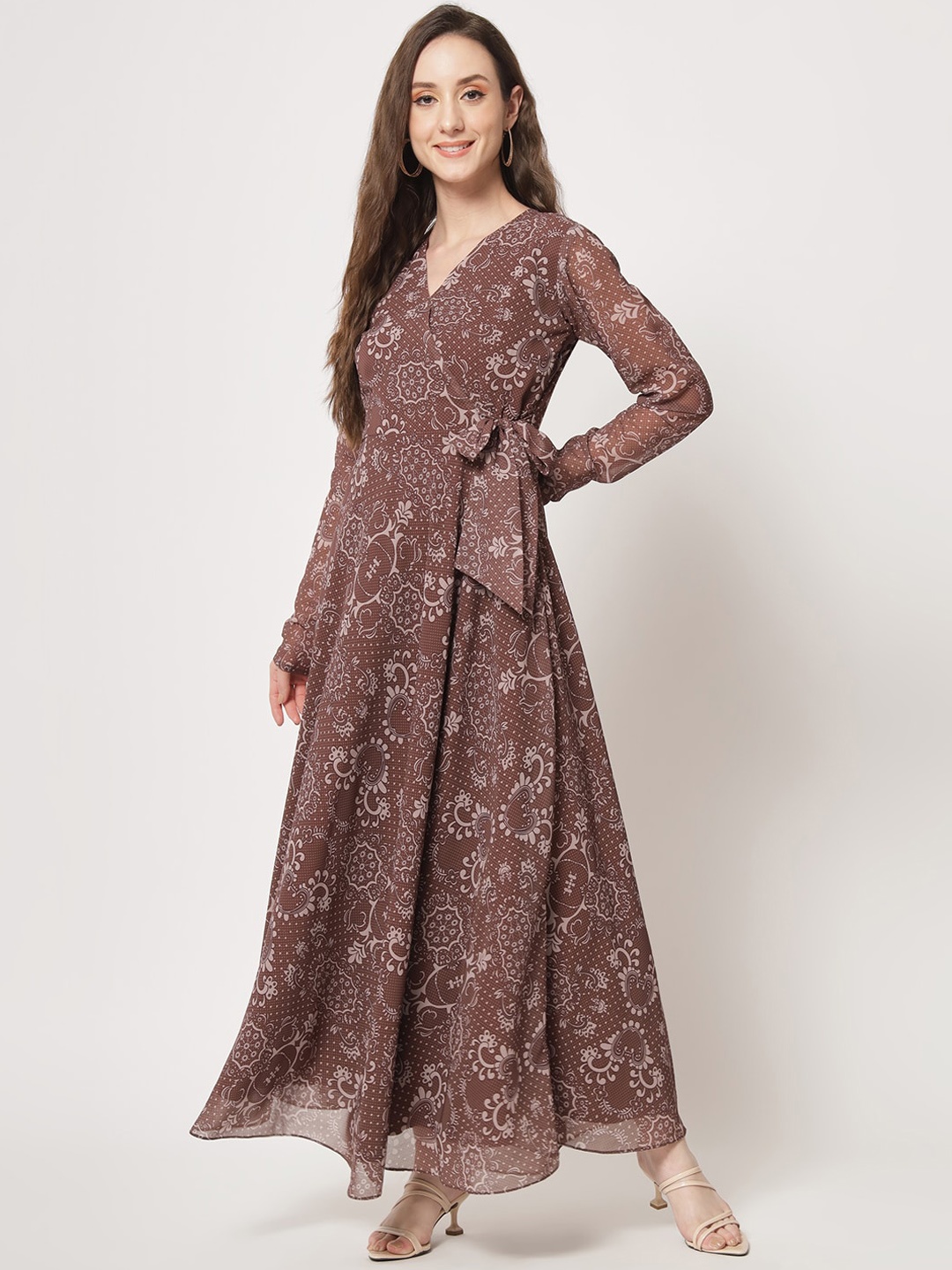 

BLACK SCISSOR Floral Printed Georgette Wrap Maxi Ethnic Dress, Brown