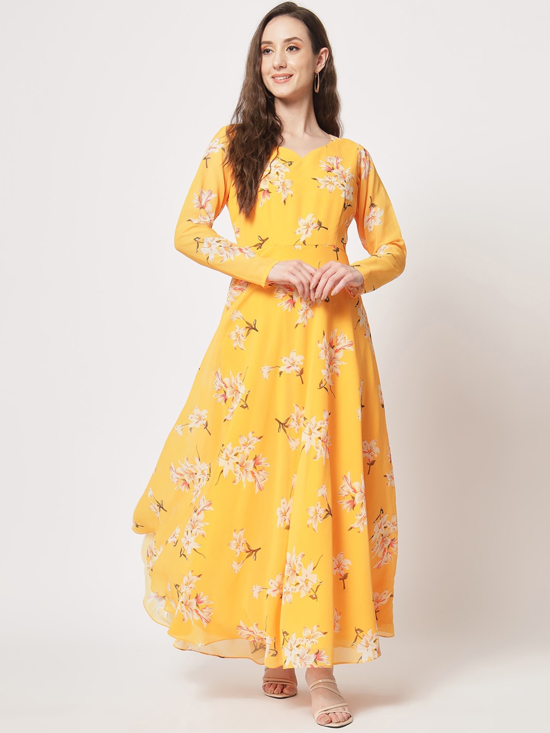 

BLACK SCISSOR Floral Printed Maxi Georgette Fit & Flared Dress, Yellow