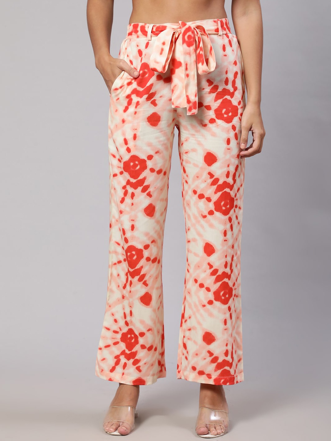 

DAEVISH Women Tie-dye Printed Smart Loose Fit Parallel Trousers, Orange