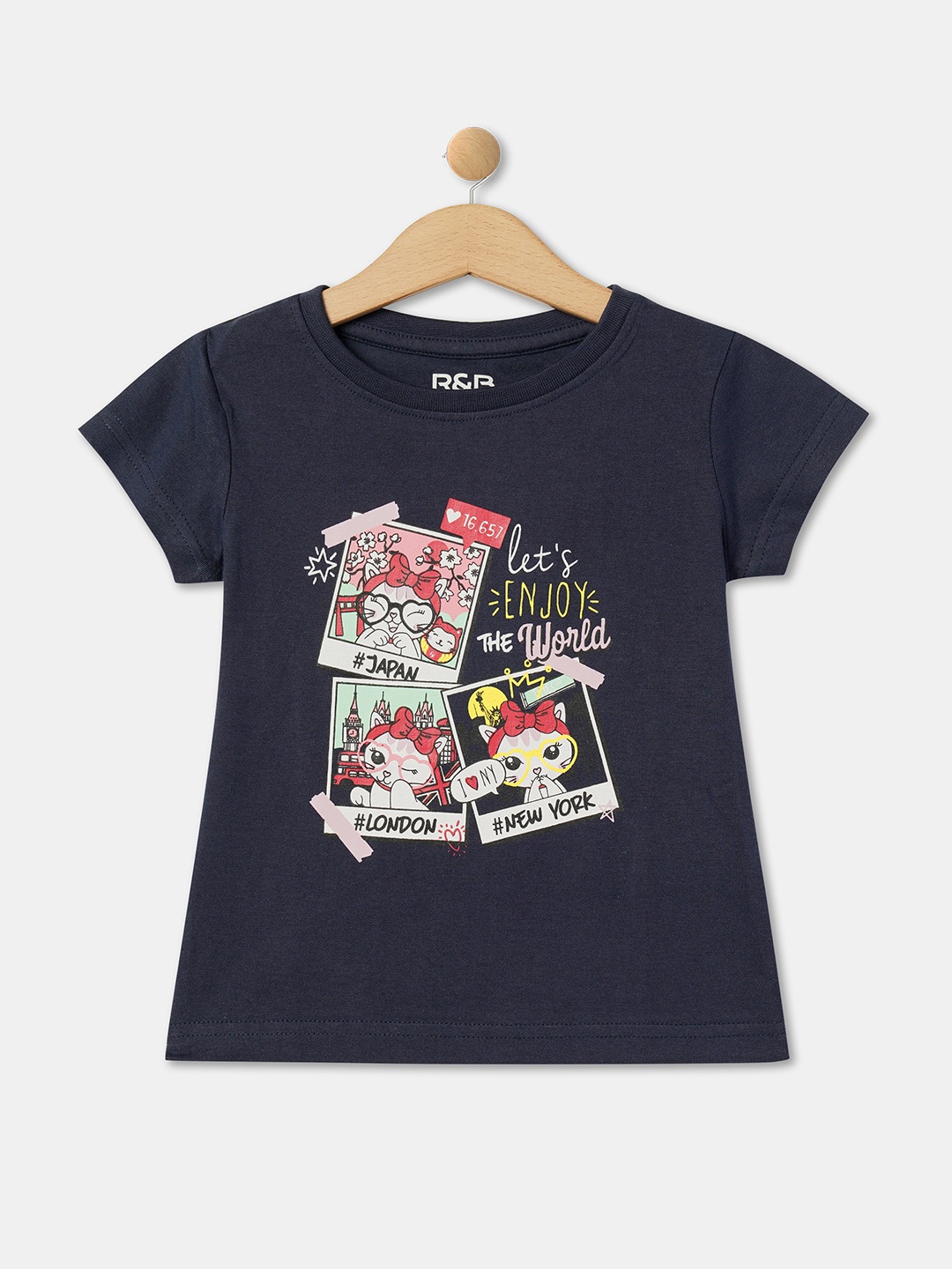

R&B Girls Graphic Printed Round Neck Short Sleeve Cotton T-Shirt, Blue