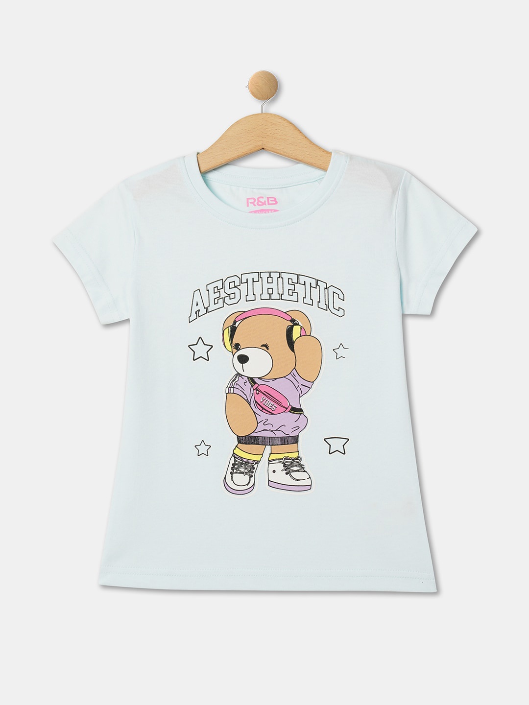 

R&B Girls Graphic Printed Round Neck Short Sleeve Cotton T-Shirt, Blue