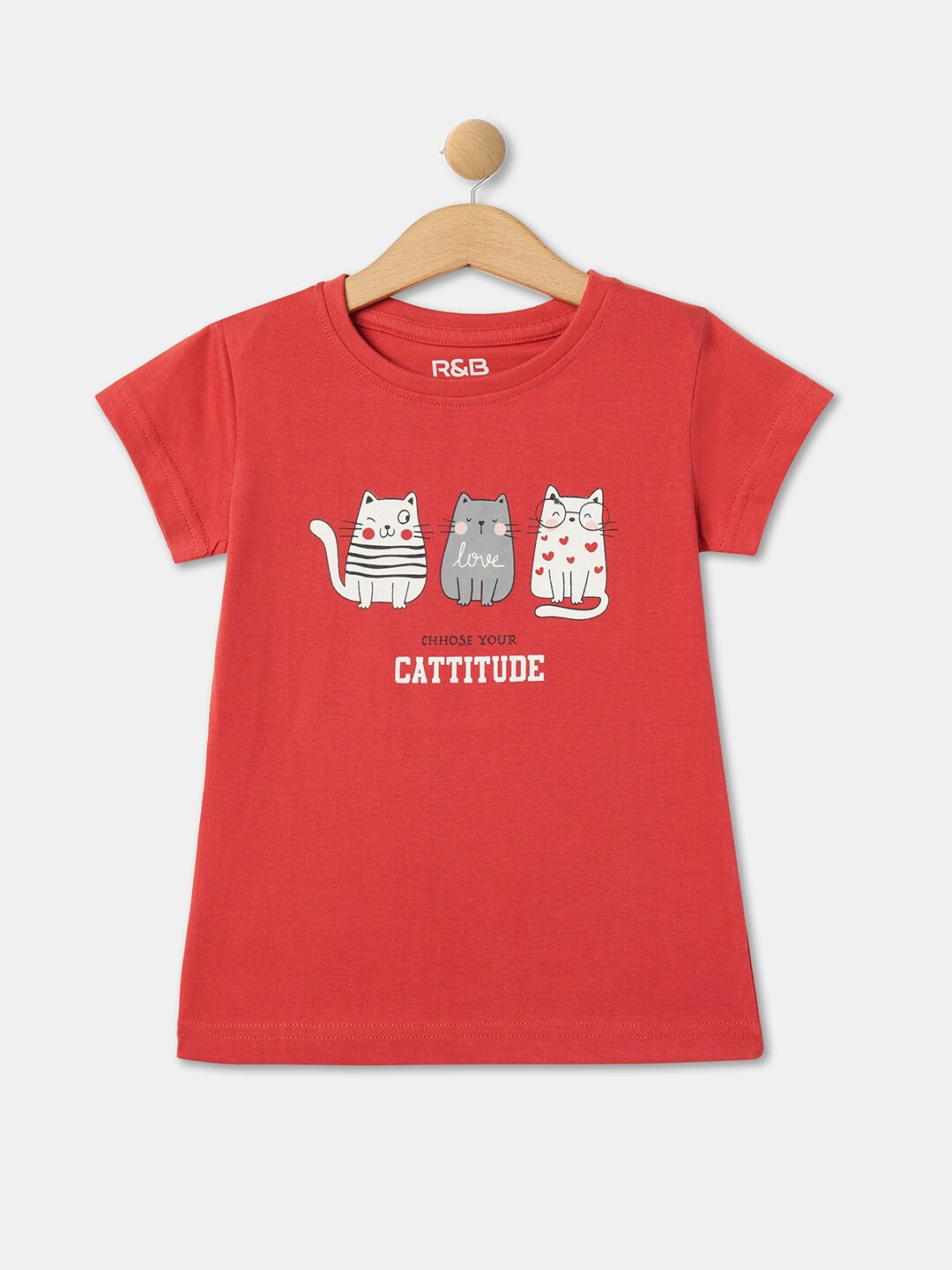 

R&B Girls Graphic Printed Round Neck Short Sleeve Cotton T-Shirt, Red