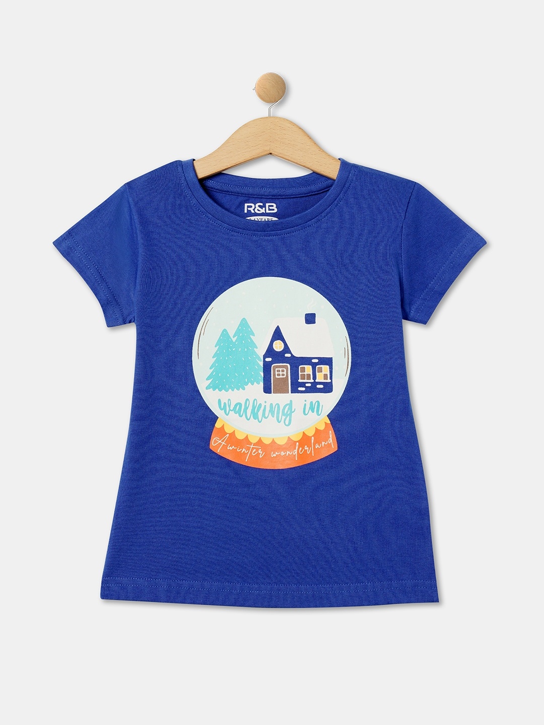 

R&B Girls Graphic Printed Round Neck Short Sleeve Cotton T-Shirt, Blue